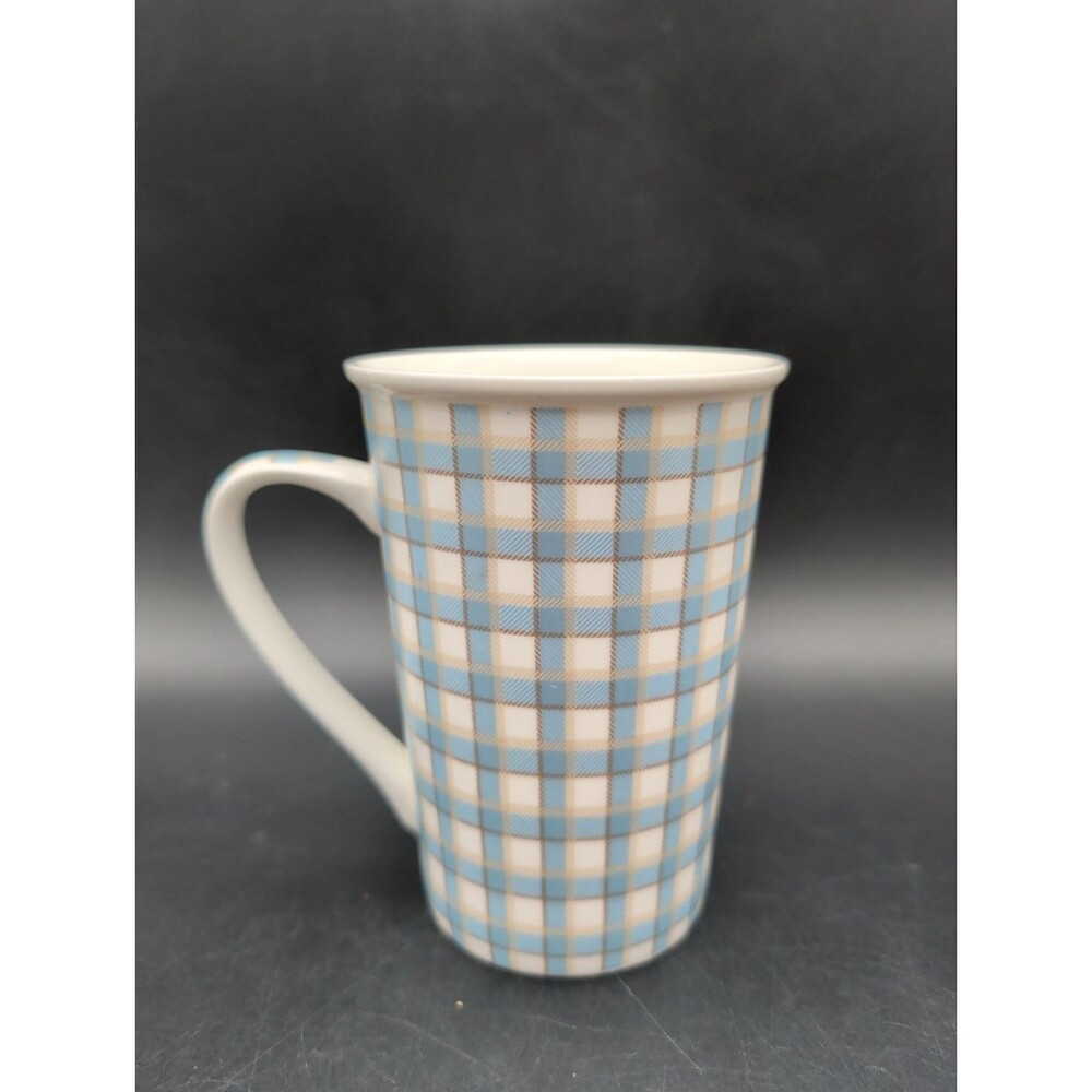 BIA Cordon Blue Plaid Mug Blue Tan Tall Latte